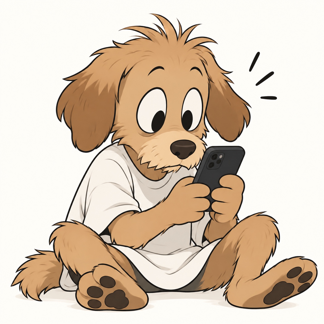 Cartoon dog sitting and looking at a phone